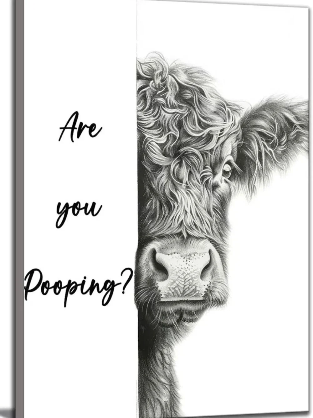 Cute Highland Cow Bathroom Wall Art - Funny Black & White Animal Decor Print